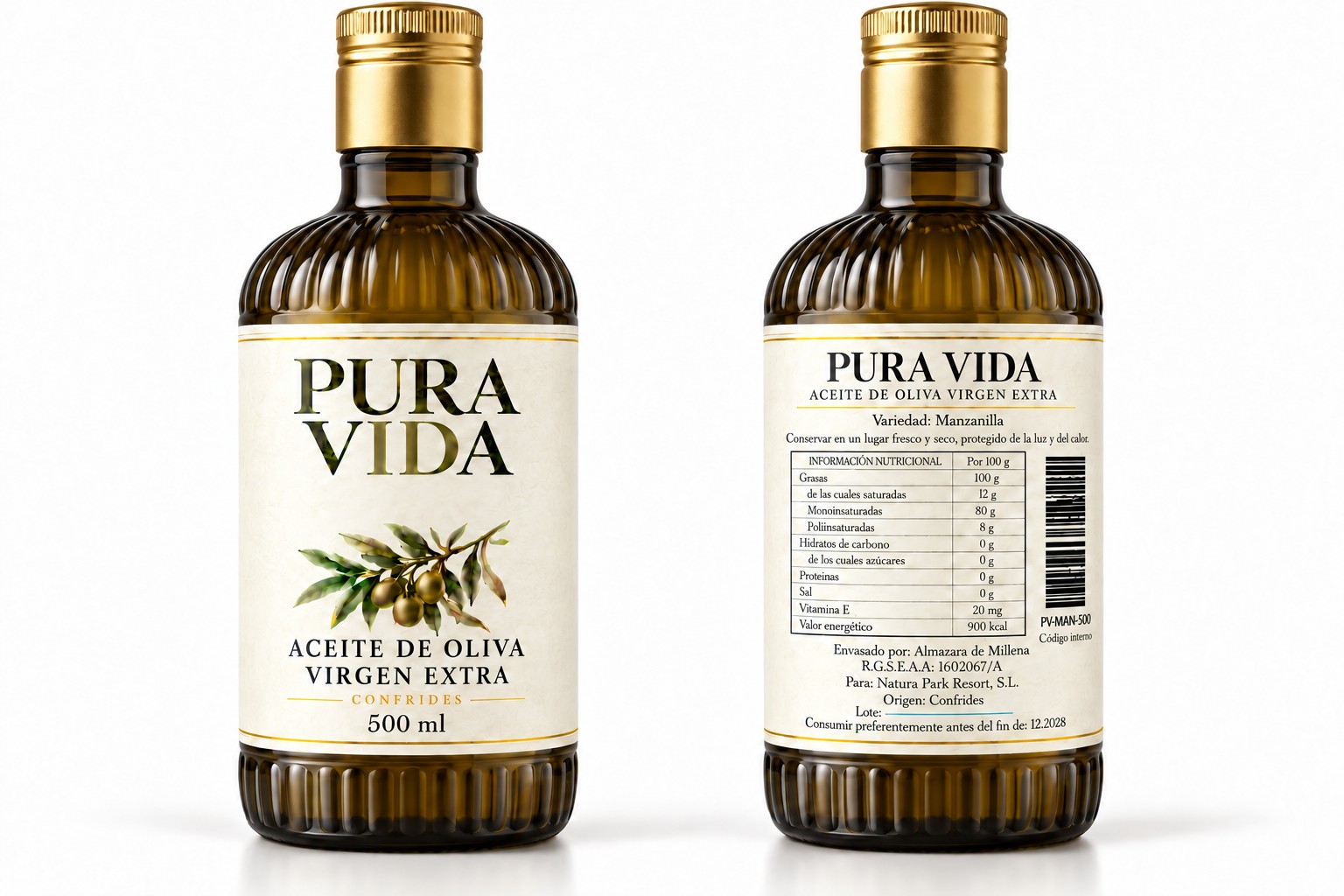 Las dos caras de la botella de aceite de oliva virgen extra Pura Vida de 500 ml